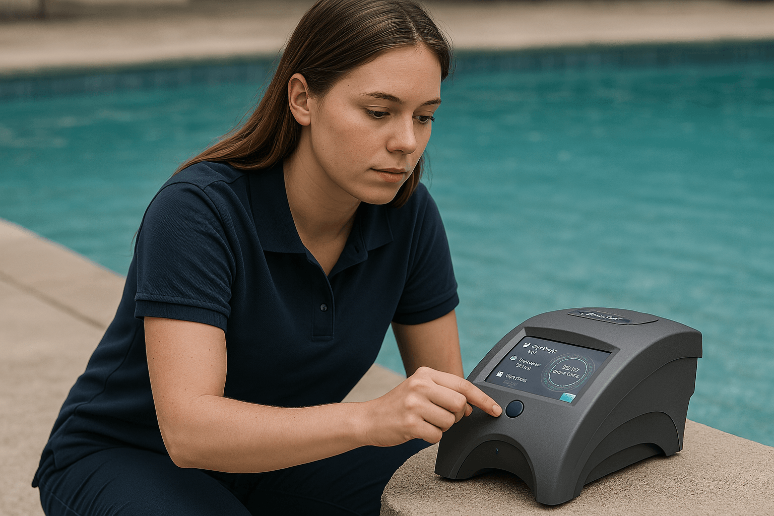 Professional pool water testing with digital analyzer