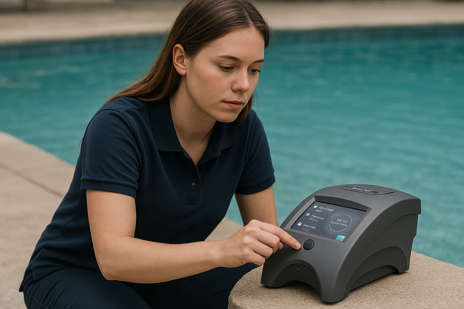 Professional pool water testing with digital analyzer