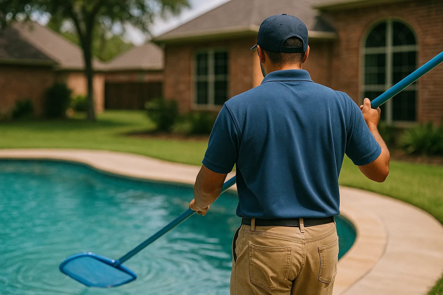 Professional pool technician cleaning pool with net skimmer