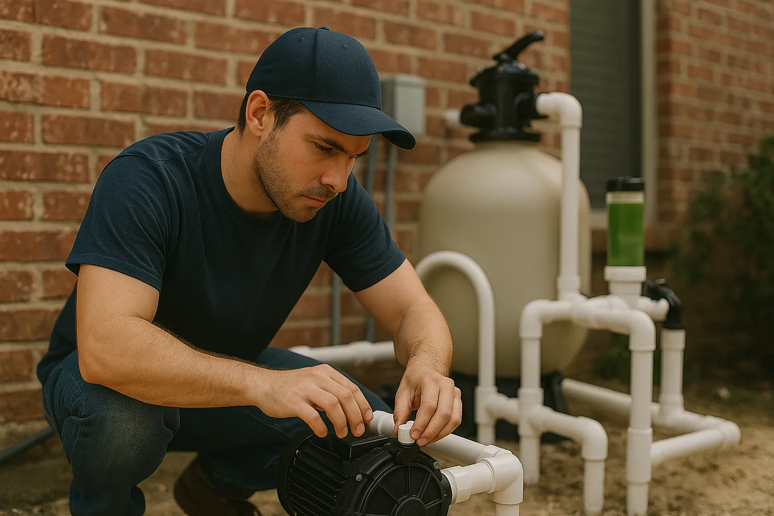 Pool technician repairing pool equipment and pump system